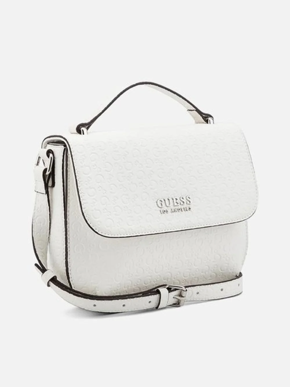 GUESS White Embossed Top-Handle Satchel with Crossbody Strap